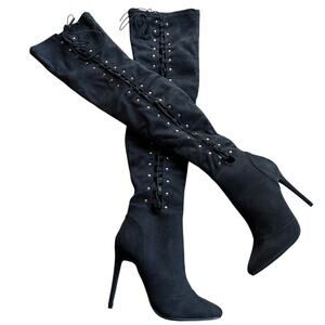 New Forever Womens Over The Knee Black Suede Boot stretch Stiletto Lace Zip 8.5